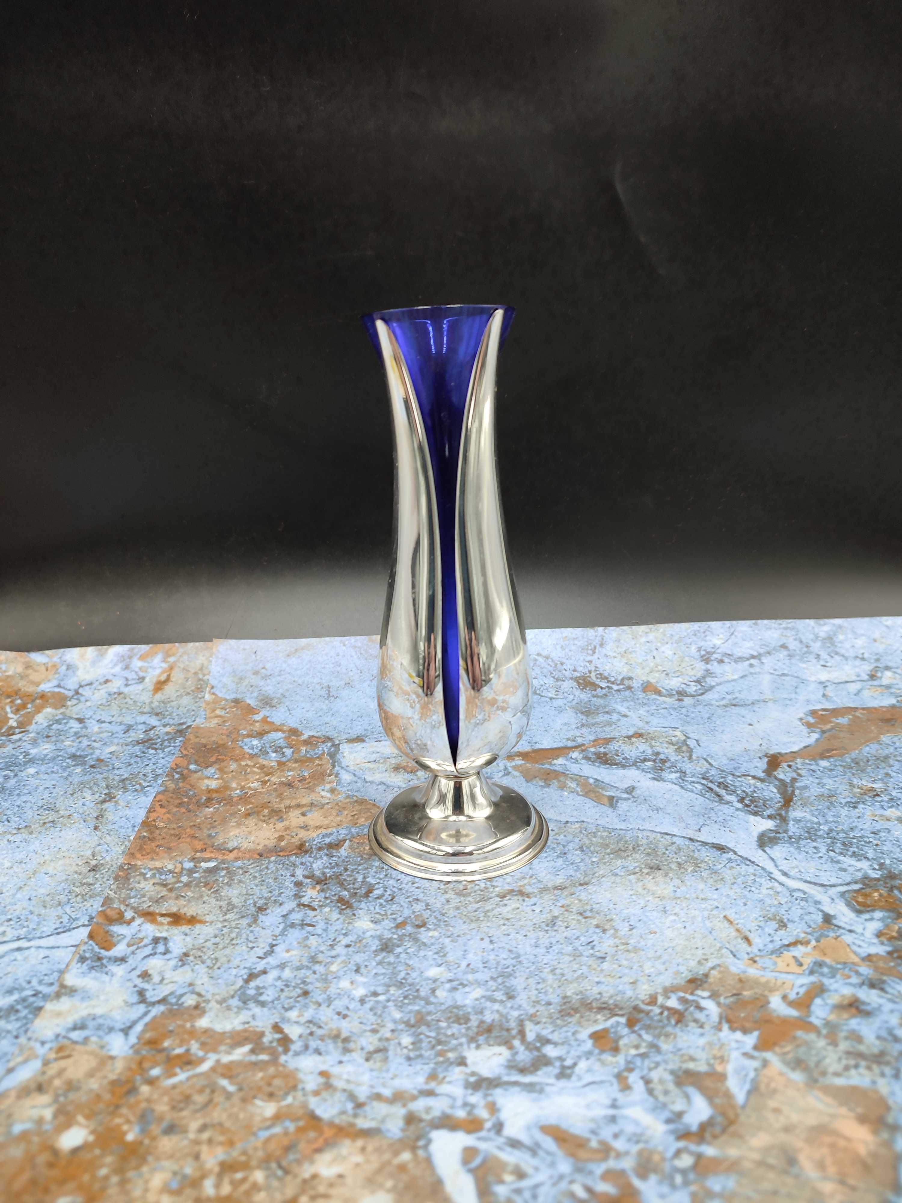 Wazon szkło kobaltowe + platerowane okucie - Vintage - design 3188