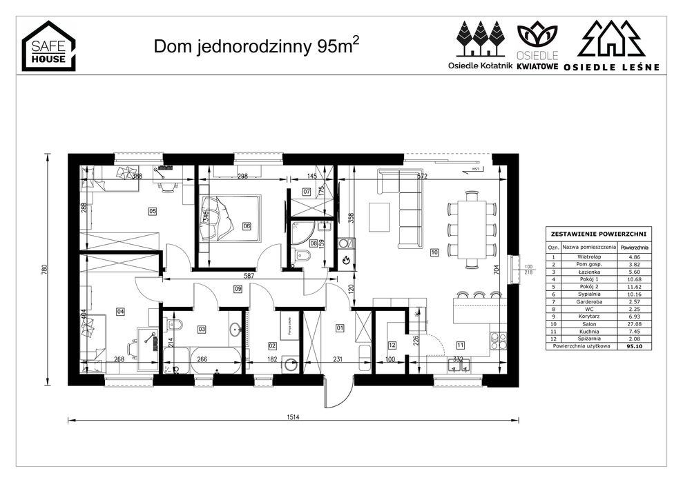 Szydłowo, działka 800 m2 dom 95 m2-8 generacja projektu