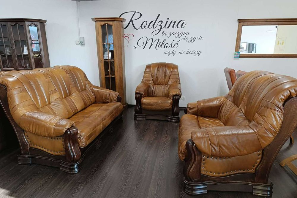 Komplet PATRYCJA ! Skóra naturalna + drewno dębowe! Dostępny od zaraz