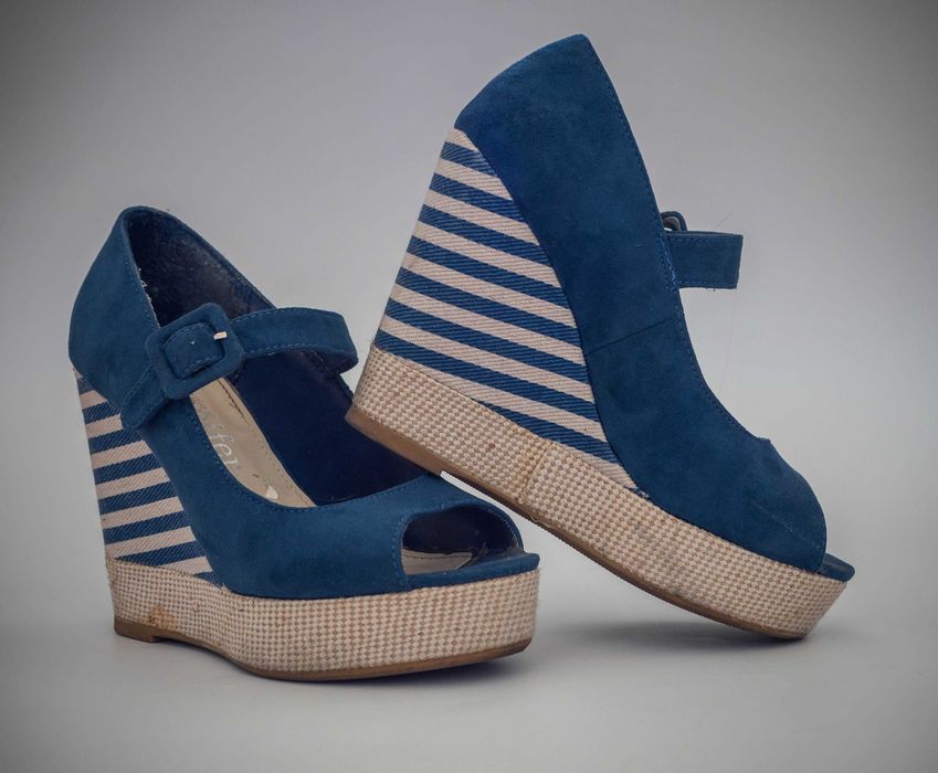 sandały sandałki niebieskie marynarskie na koturnie Jennifer rozm. 35