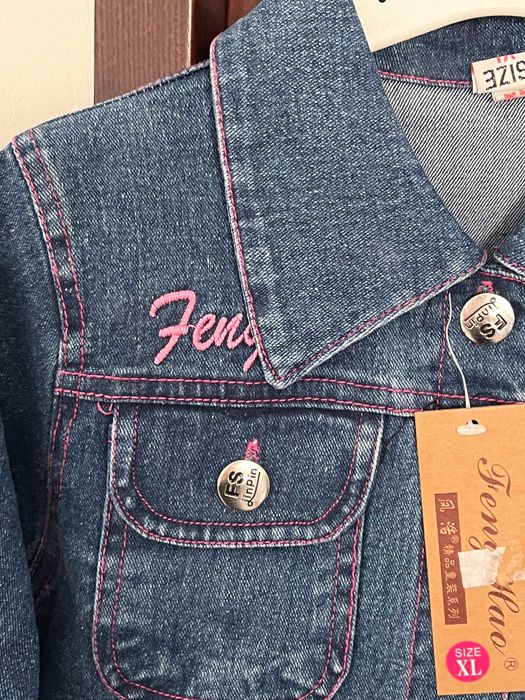 komplet jeans dziewczynka spodnie dzwony i kurteczka 104 cm hafty