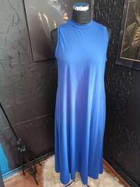 Długa bawełniana letnia sukienka oversize kobalt bez dekoltu kieszenie
