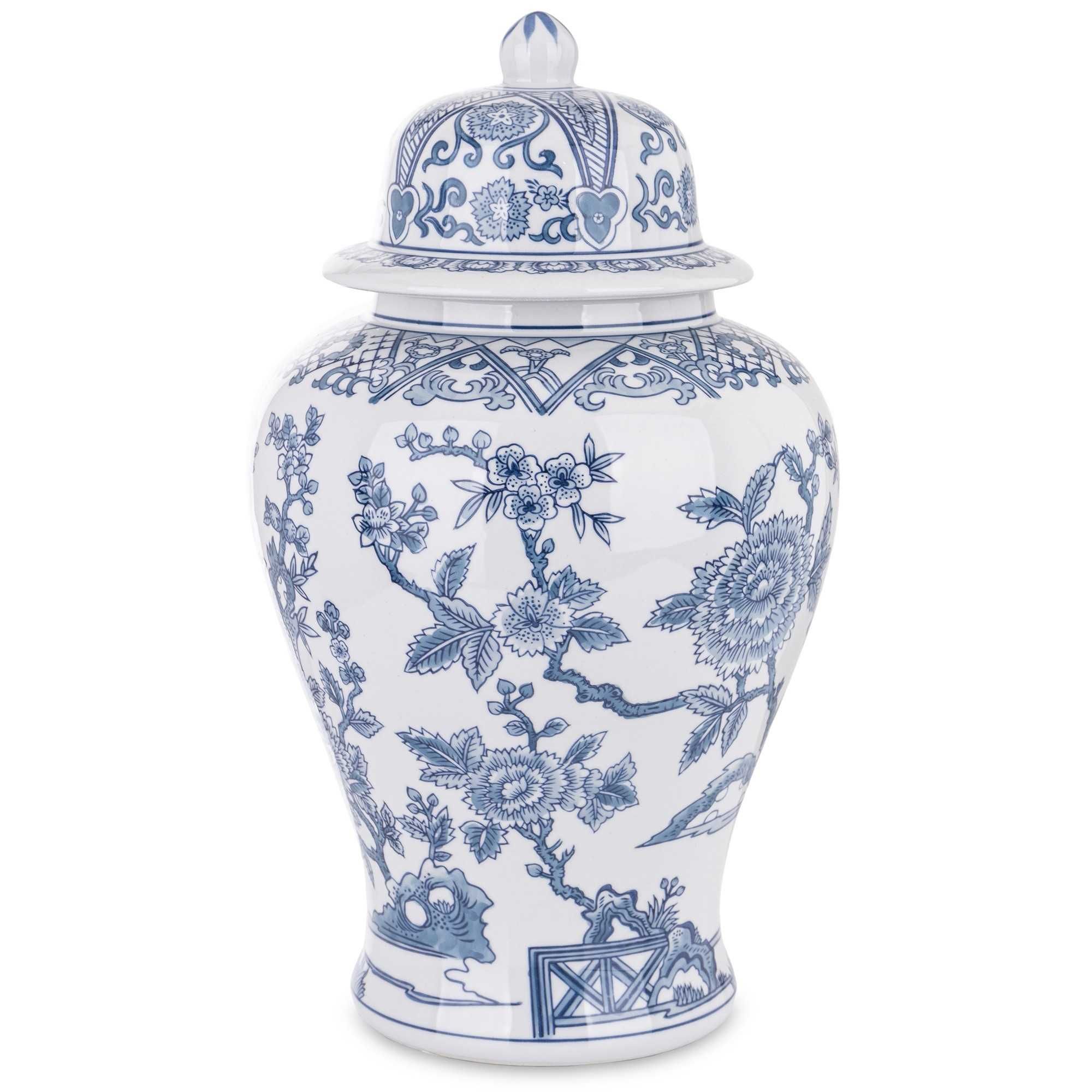 Wysoki biały niebieski pojemnik ceramiczna amfora z przykrywką 166472
