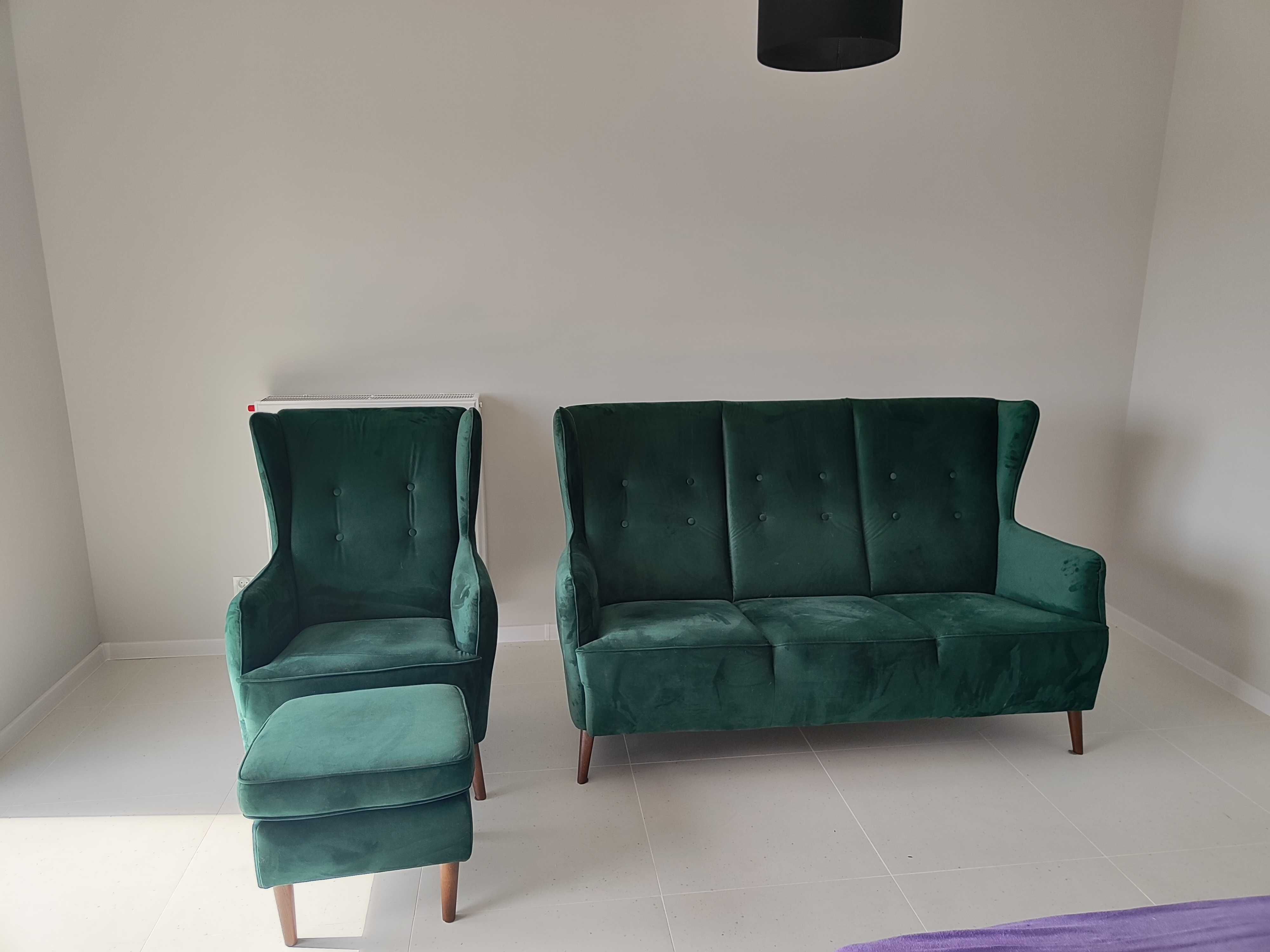 Zestaw wypoczynkowy zieleń butelkowa fotel i sofa uszak