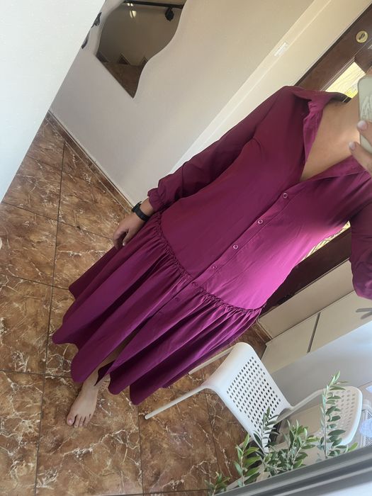 Fioletowa sukienka M midi elegancka koszulowa