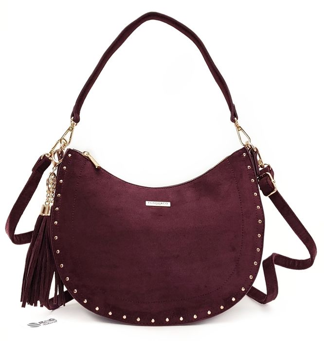 Torebka Listonoszka Flora&CO Zamszowa Burgund Bordo 2 Paski Brelok