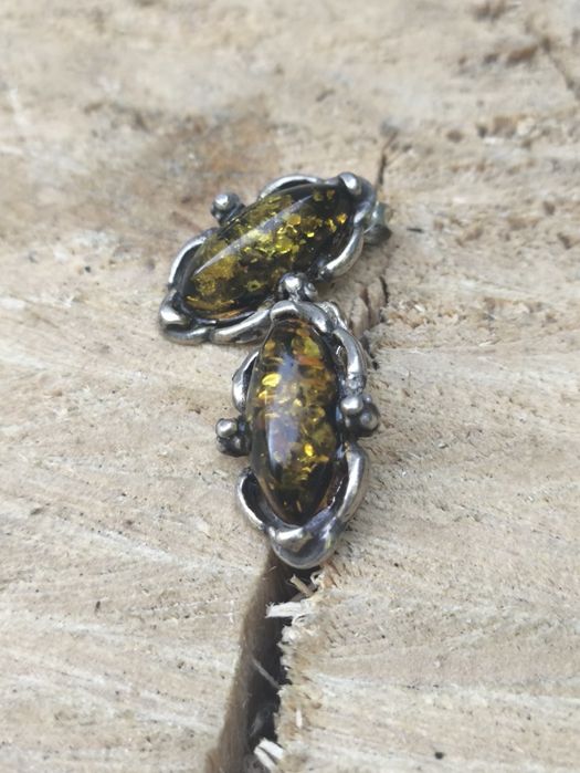 Srebrne kolczyki bursztyn zielony . Vintage