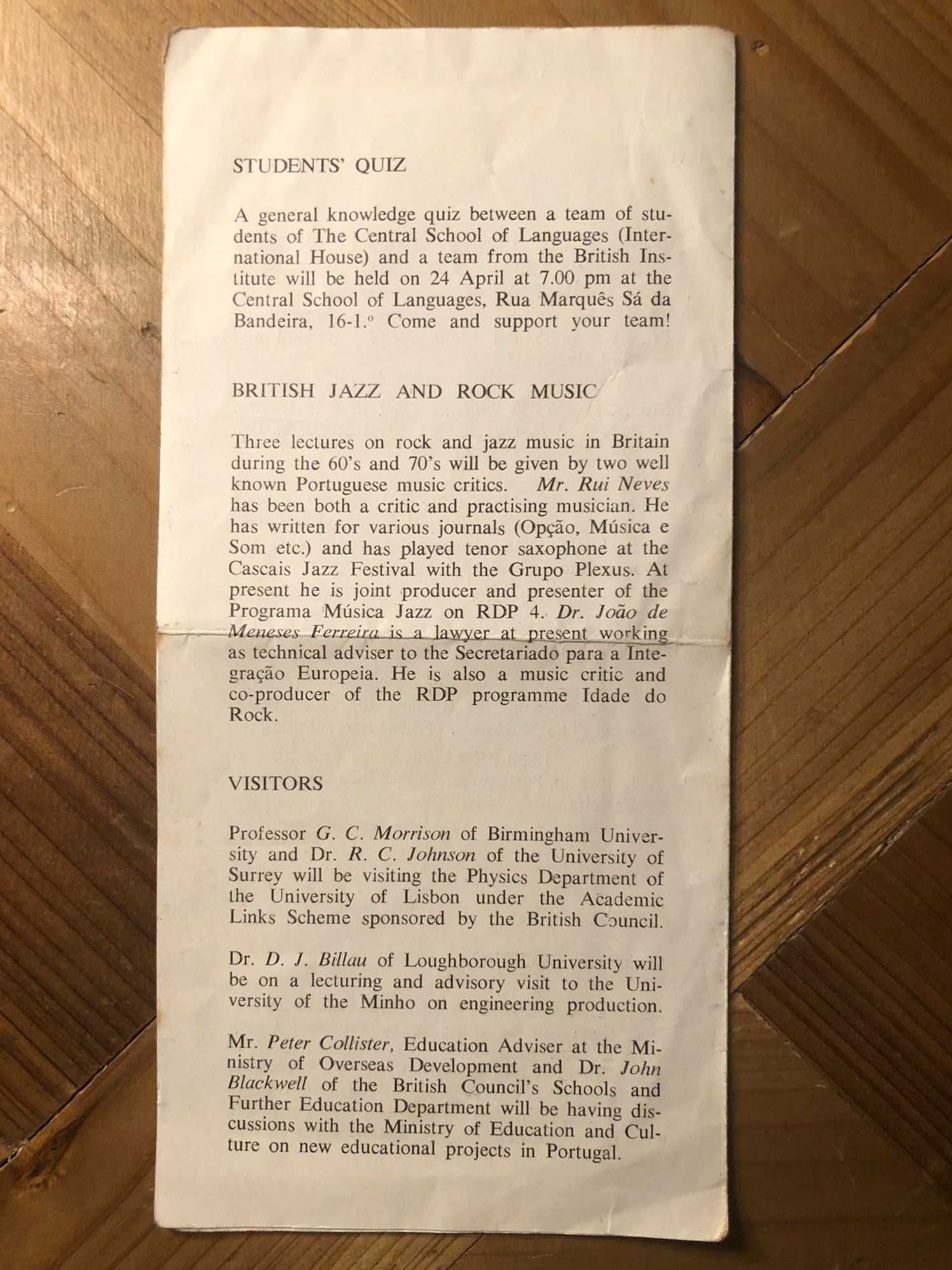 Folheto com programa do The British Institute Lisbon  Abril 1978