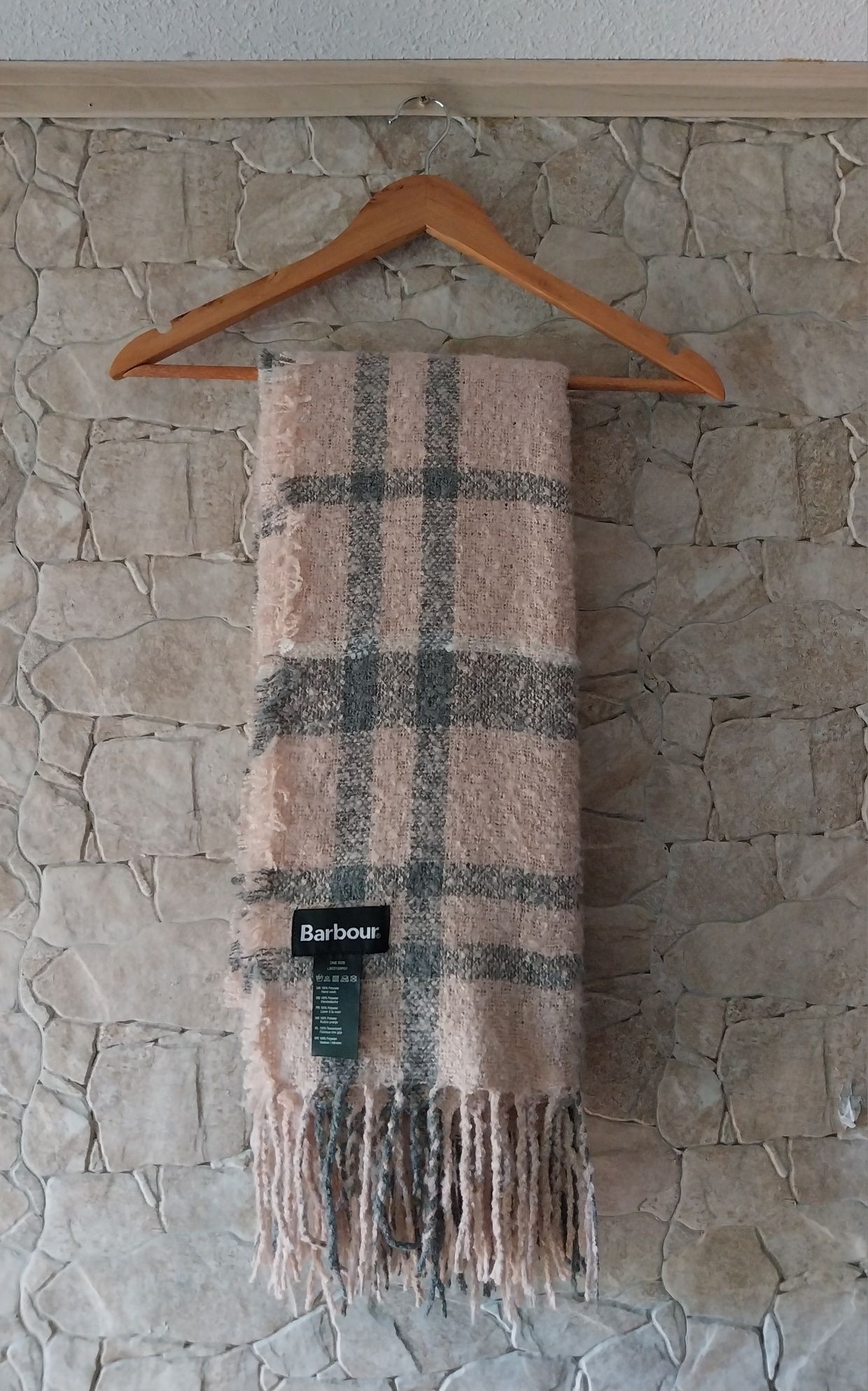 Barbour duży szal damski w różowo - szarą kratę