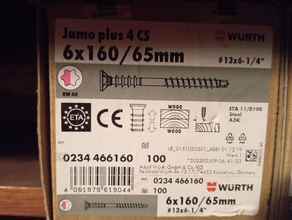 Wkręty ciesielskie firmy Wurth 6×160/65mm