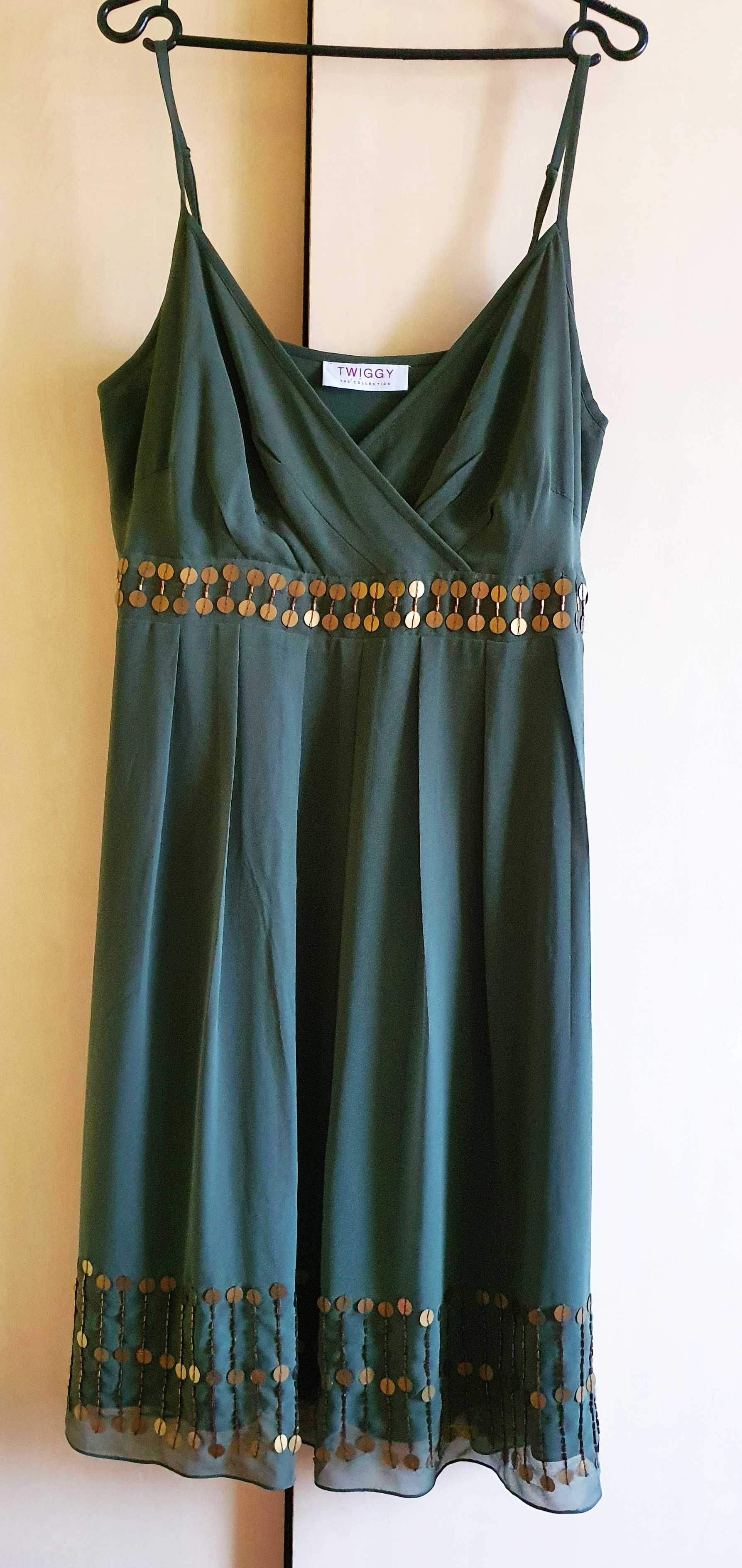 Sukienka Twiggy 42 XL 44 XXL butelkowa zieleń ze złotem
