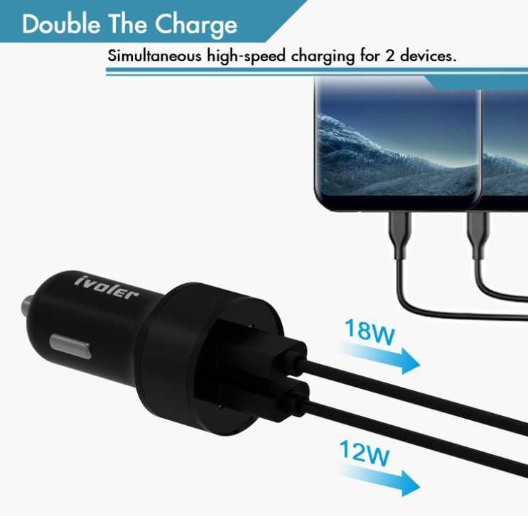 Ivoler Ładowarka samochodowa 2xUSB QC 3.0 KABLE iPhone USB-C MicroUSB