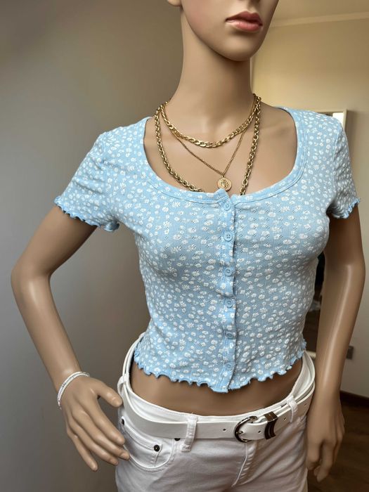 Crop Top Niebieski w Białe Kwiaty Bawełna Na Guziki Rozmiar XS-M boho