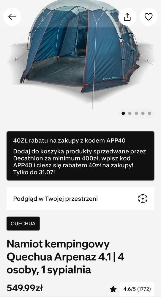 Namiot 4 osobowy Arpenaz 4.1 użyty 1 raz