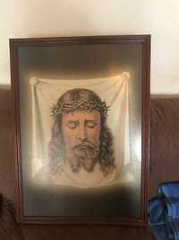Moldura com rosto de Cristo pintado m estampa plastificada