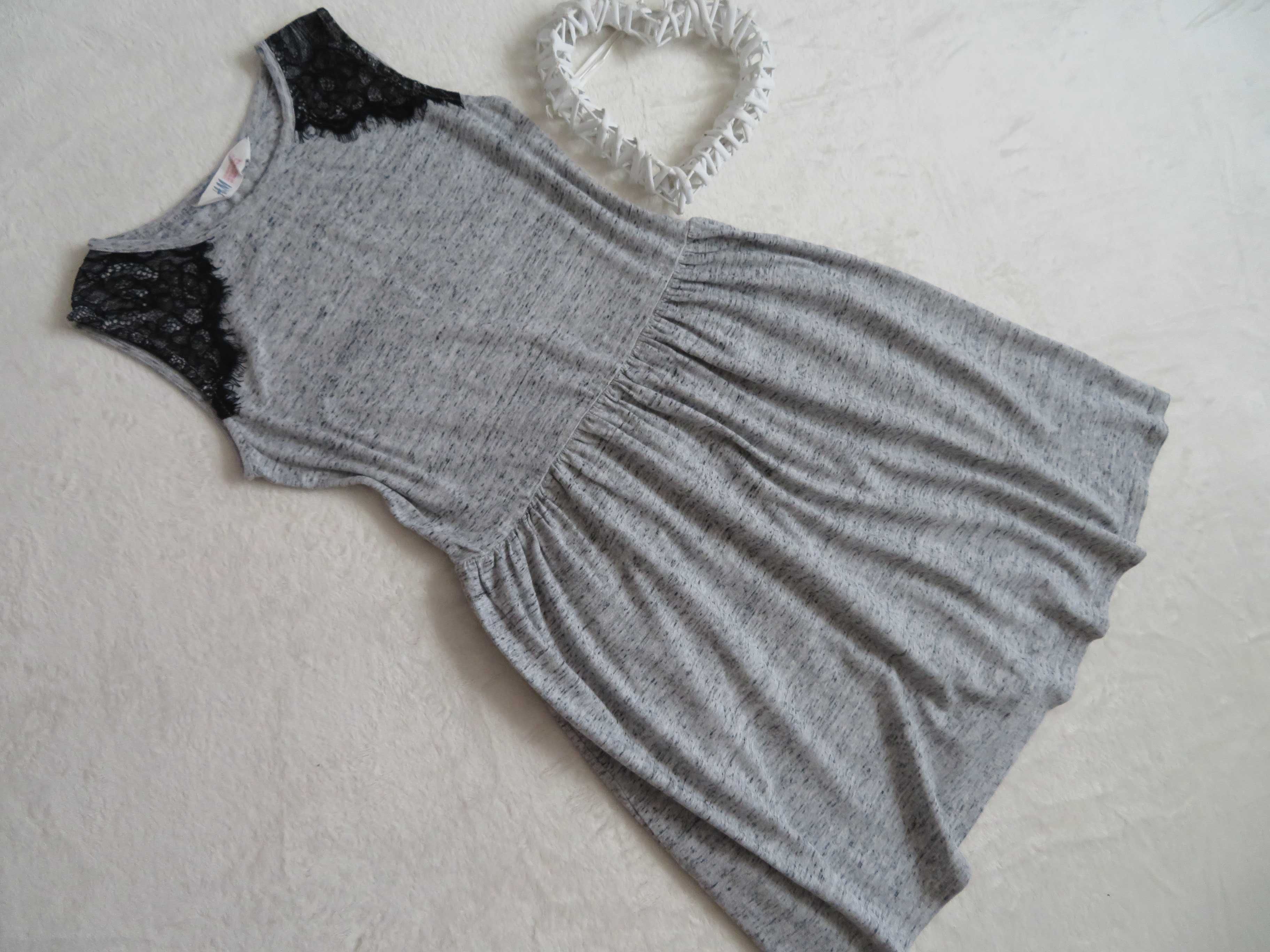 H&M sukienka dziewczęca BAWEŁNA Koronka AŻUR szary melanż,  BDB,  146