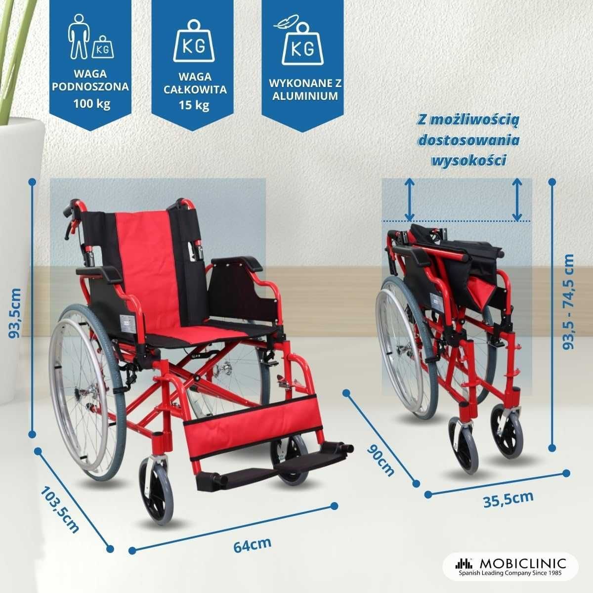Aluminiowy Wózek Inwalidzki Mobiclinic Torre Czerwono-Czarny