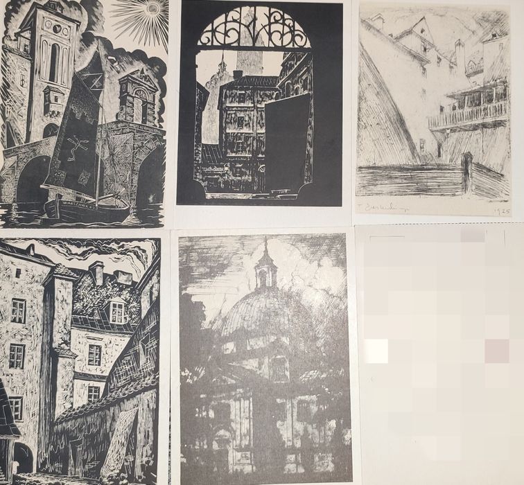 5 pocztówek PRL Cieślewski drzeworyt Warszawa motyw z Kanonii Baryczkó