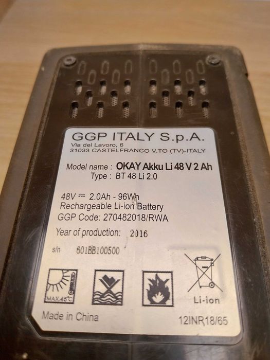 Bateria akumulator do urządzeń ogrodowych OKAY 48v BT48 2.0 5,2Ah