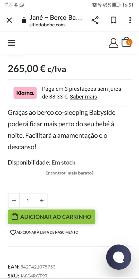 Baby side da Jané. Cor melzinho super prático