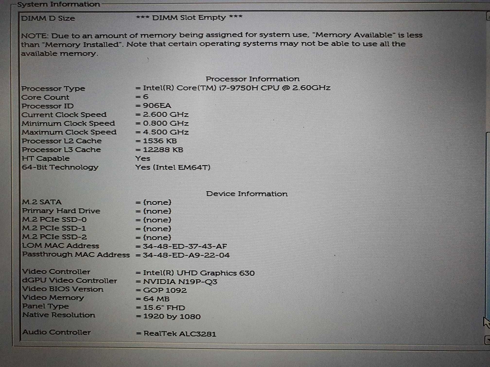 Dell Precision 7540 I7-9750H  Nvidia Quadro T2000