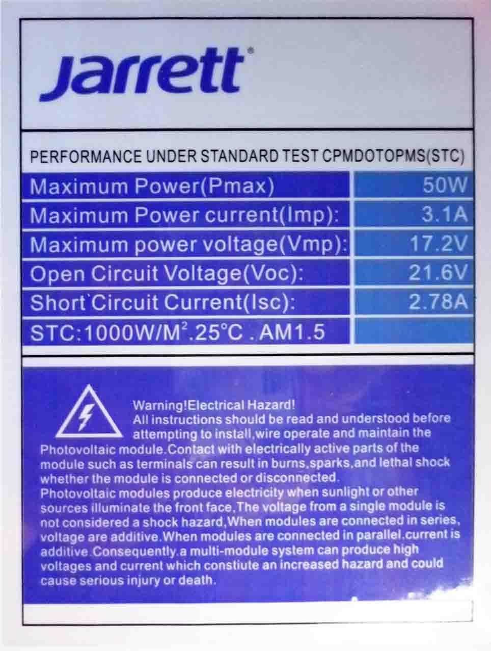 Солнечные монокристаллические панели Jarrett Solar 50 Watt