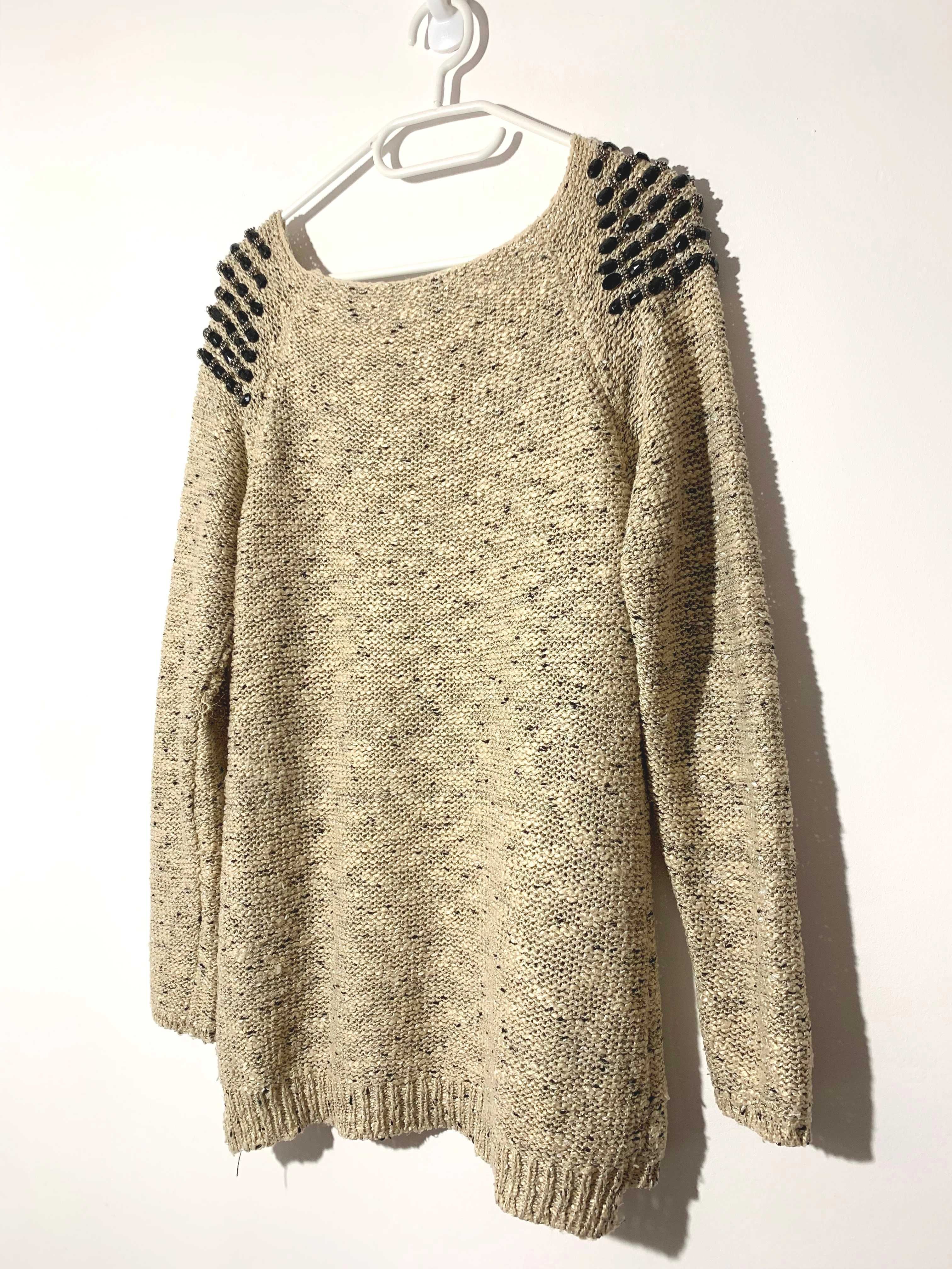 sweter beż nude S M 38 w łódkę z kamieniami koraliki boho hippie etno