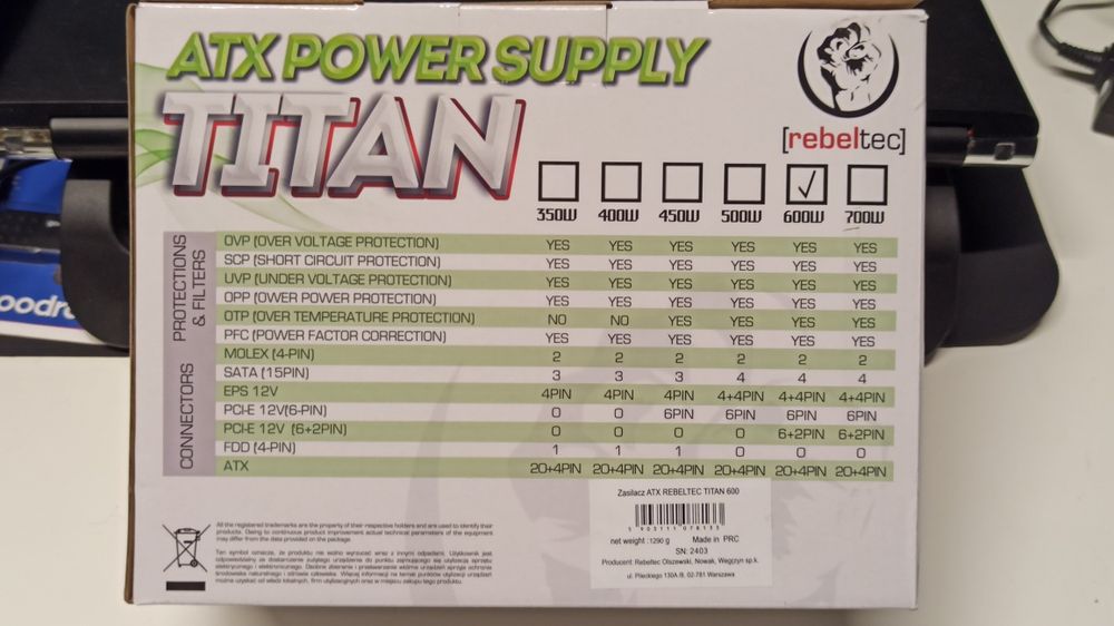 Zasilacz rebeltec titan Black 600w 12cm fan pfc nowy