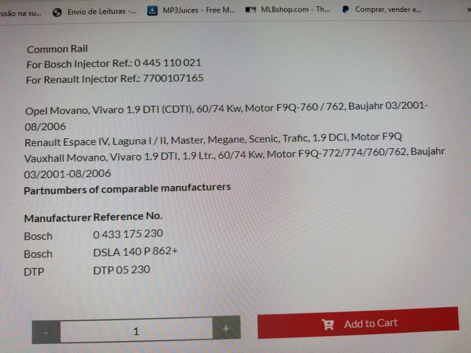 Jogo de bicos injetores da DTP, novos para porta-injetor RENAULT/OPEL