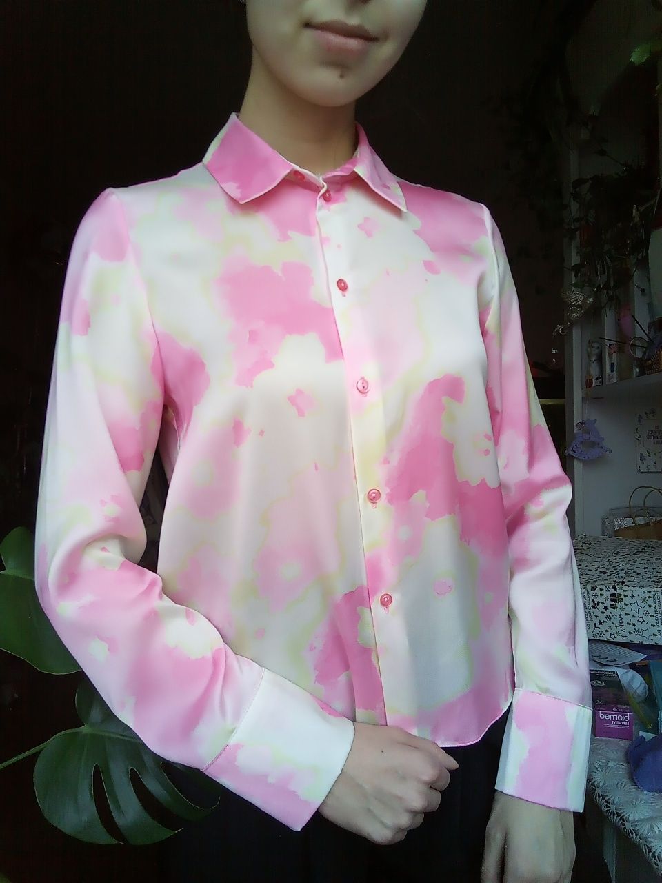 Сатиновая рубашка цветная, розовая рубашка женская, рожева сорочка