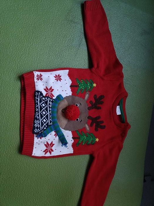 Ciepły świąteczny sweterek z reniferem 9-12 miesięcy