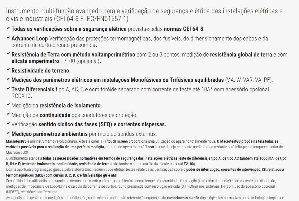 Verificação da Seg Inst Eléct (CEI 64-8 e IEC/EN61557-1) Multi HT G3