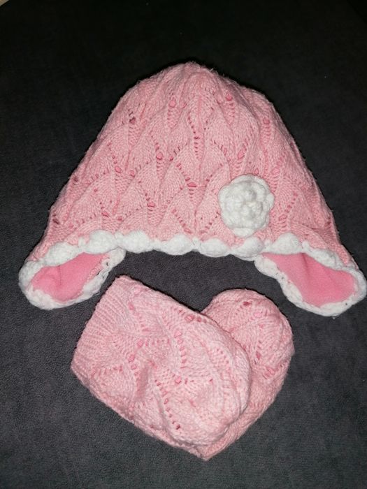 Śliczny komplet: czapka i rękawiczki z polarem, Rozmiar 0-3 mcy