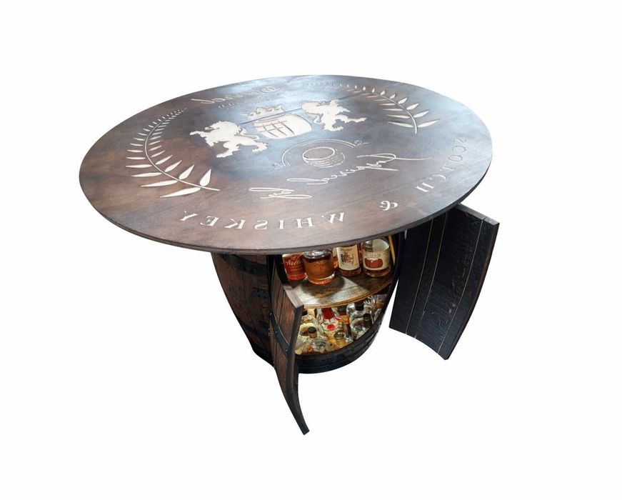 NOWY Dębowy stół z barem, grawerowany Scotch Whisky, Dąb
