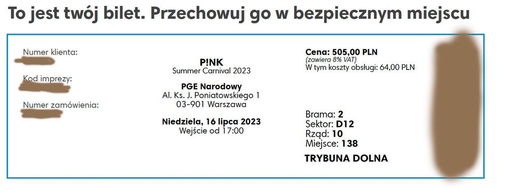 Bilet koncert Pink Warszawa 16 lipca