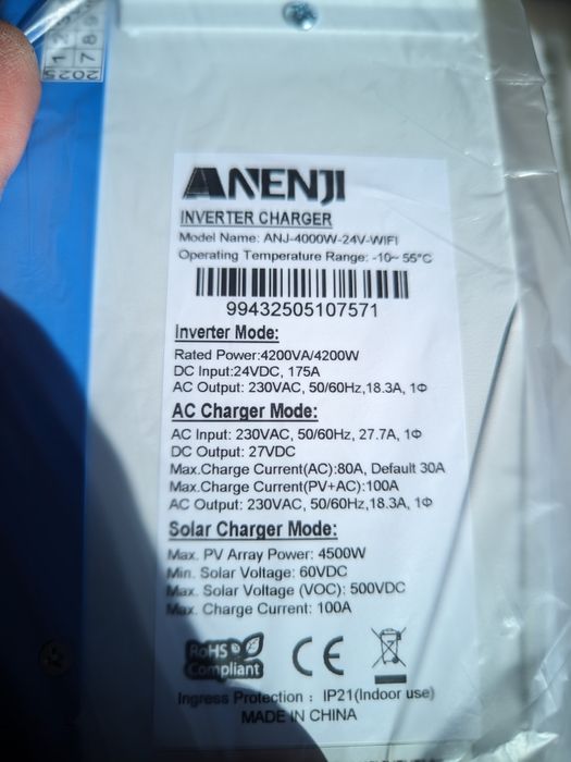 Оновлений Гібрідний інвертор Anenji 4кВт вбудований Wi-Fi ANENJI ANJ