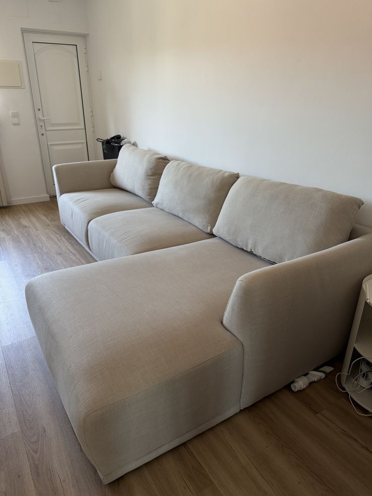 Sofá Chaise Longe Beje 3 Lugares