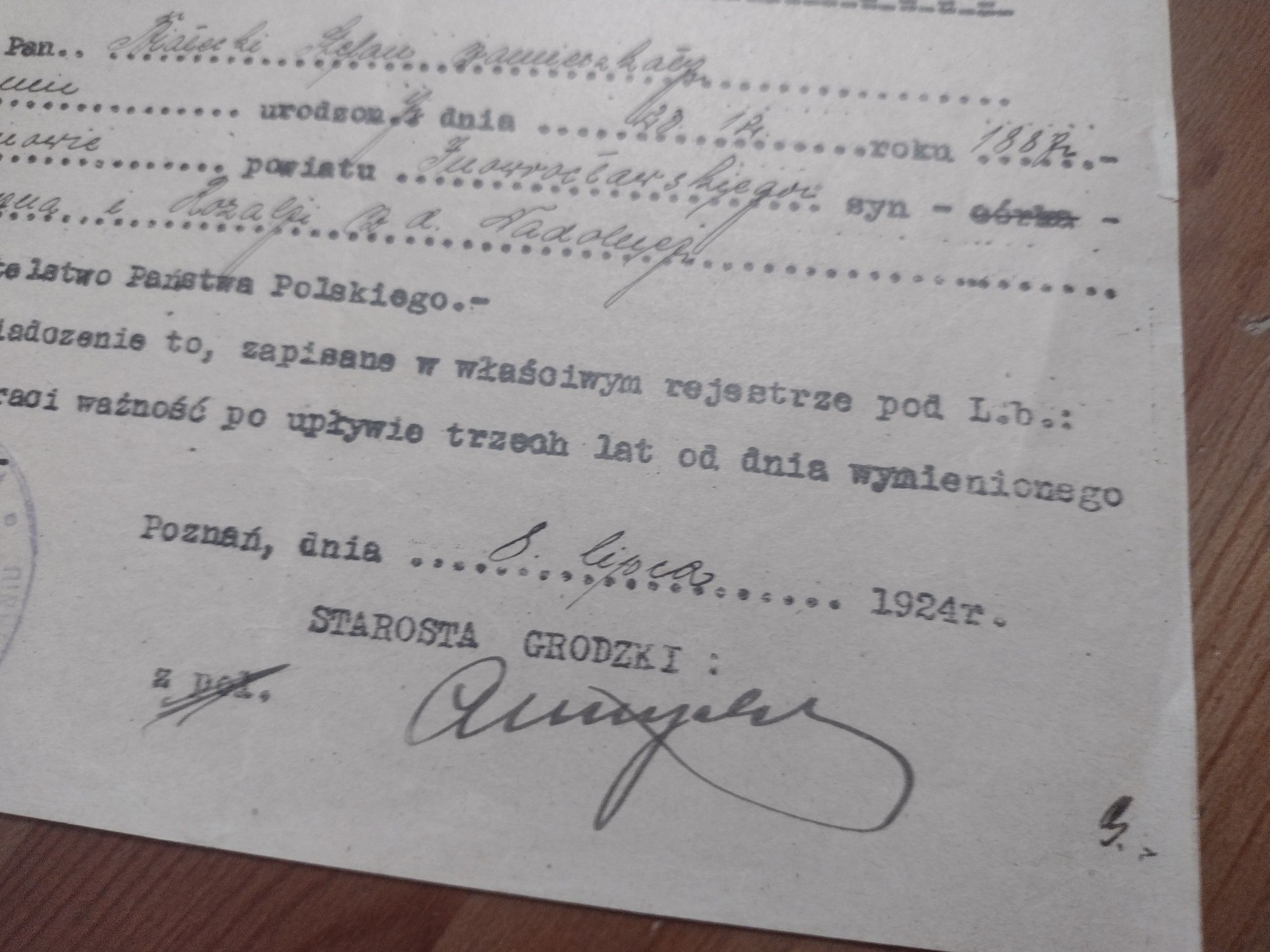 Poświadczenie obywatelstwa Poznań 1924 II RP