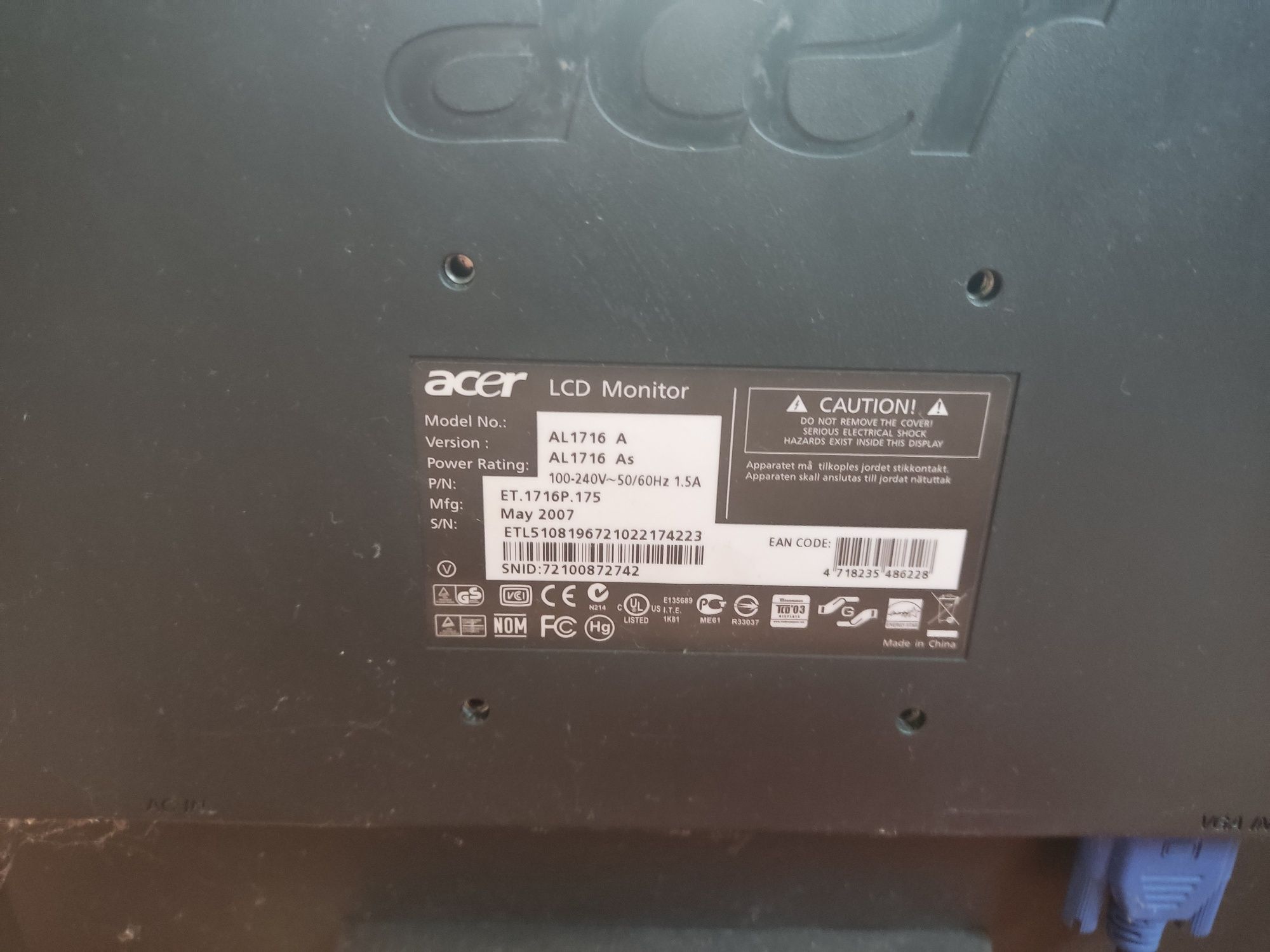 Монітор Acer AL1716 17'