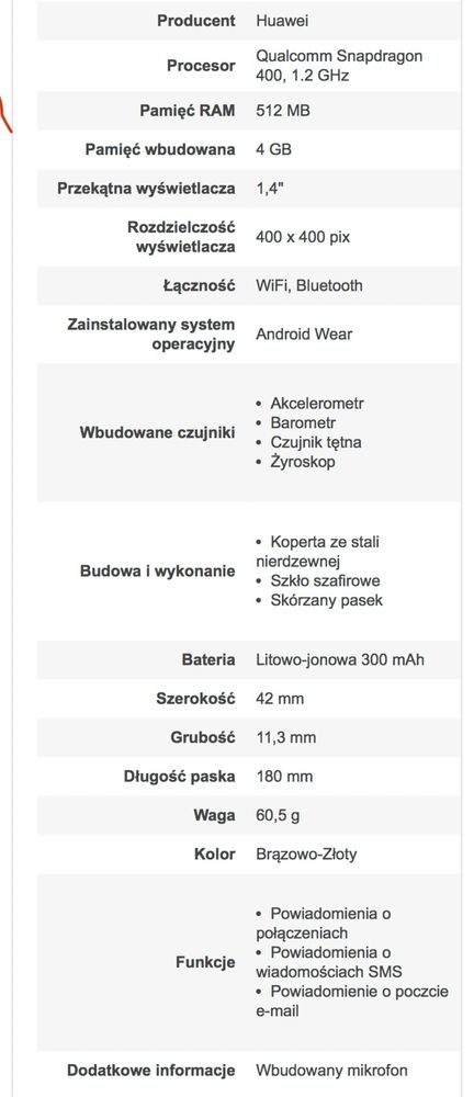 Smartwatch Huawei Watch Złoty + skórzany pasek