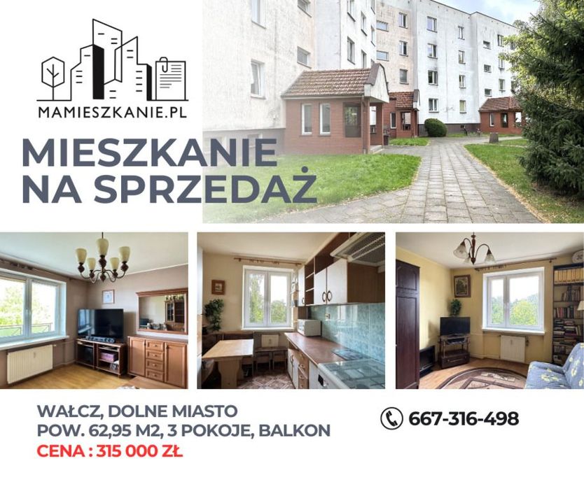 Na sprzedaż mieszkanie, Wałcz, 3pokoje, os. Dolne