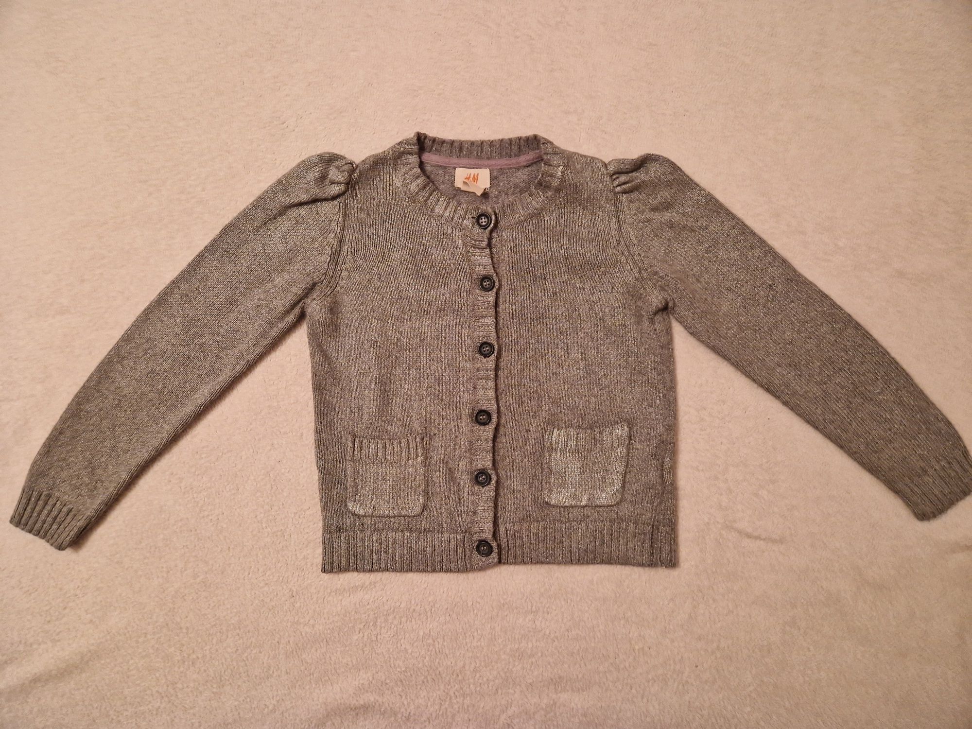 Sweter kardigan dziewczęcy H&M r. 122/128 szary srebrny