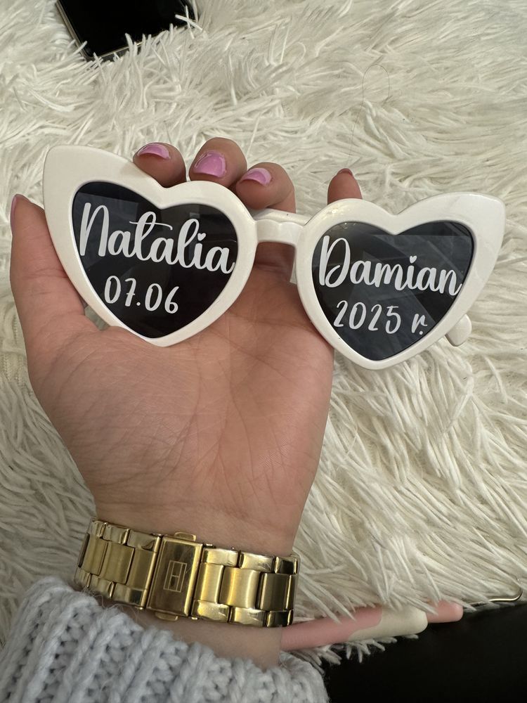 Okulary serca wesele ślub urodziny z personalizowanym napisem