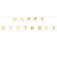 Girlanda baner HAPPY BIRTHDAY biała ze złotym napisem urodziny