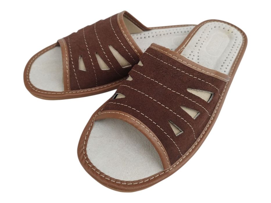 Kapcie męskie skóra naturalna brązowe odkryte palce otwarte