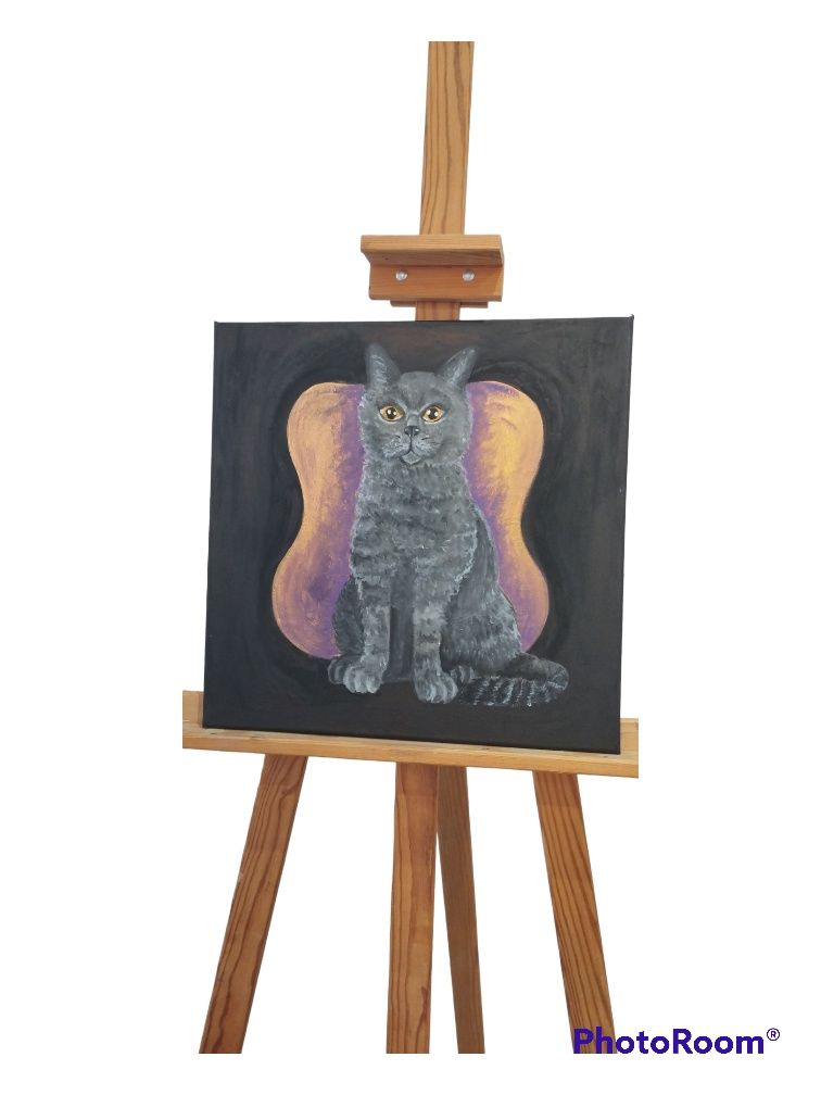 Obraz kot na czarno - złotym tle, ręcznie malowany/handmade