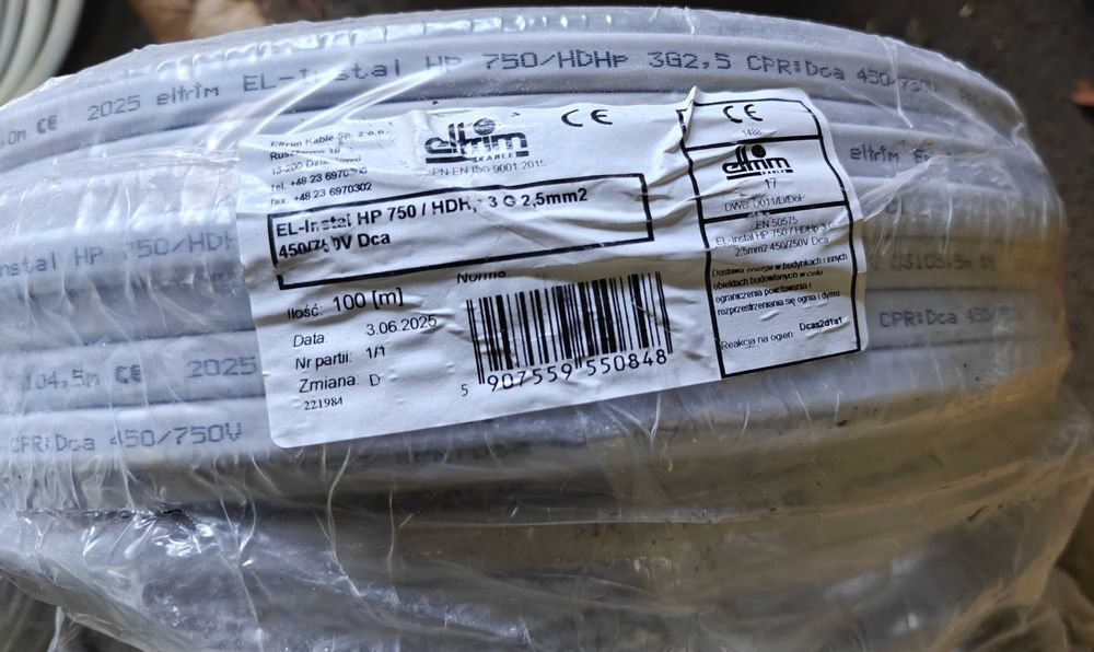 Sprzedam kabel EL Instal HP HDHp 3x2,5mm2 450/750V YDYp Dca Eltrim 66m