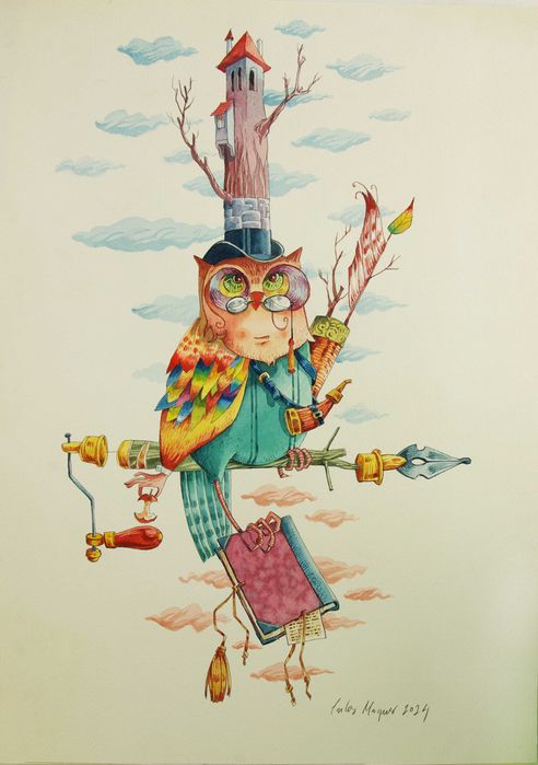 Aguarela original de Carlos Marques. Fantasia, surreal, Mocho.