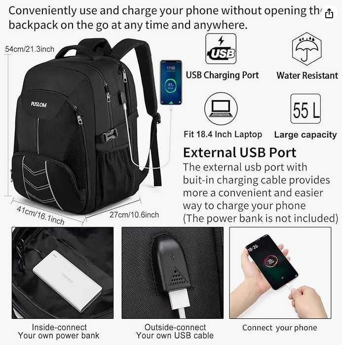 Pojemny Plecak Turystyczny PUSLOM 55l Czarny - Z Portem Ładowania USB