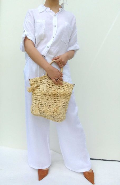 Nowa lniana biała koszula bluzka 100% len puro lino S M L uniwersalna